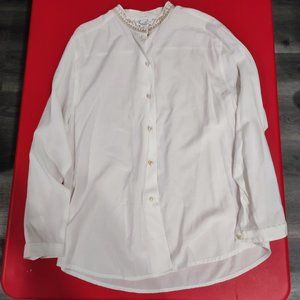 Pursuits white button down shirt with gold embroidered neck women's size 16